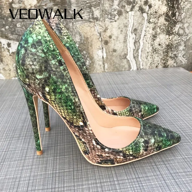 Veowalk Green Snake-effect Embossed Women Sexy Stilettos High Heels Ultra High Pointed Toe Pumps Ladies Slip On Party Shoes