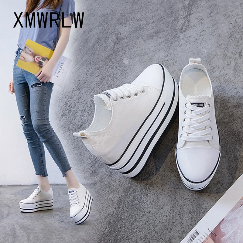 

XMWRLW Flat Platform Women Shoes Thick Sole Women Canvas Sneakers 2020 Spring Autumn Casual Lace up Ladies White Chunky Shoes