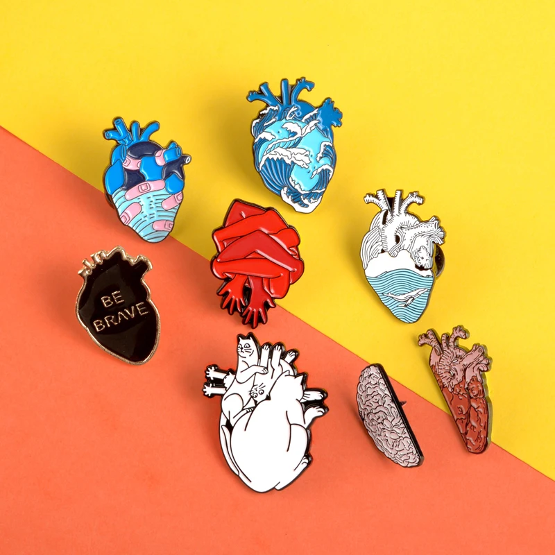 

Creative Heart Pins Ocean Black brave heart Enamel Pin Badges Bandage Hand cat Lapel Pins Brooches for women men Anatomy Jewelry