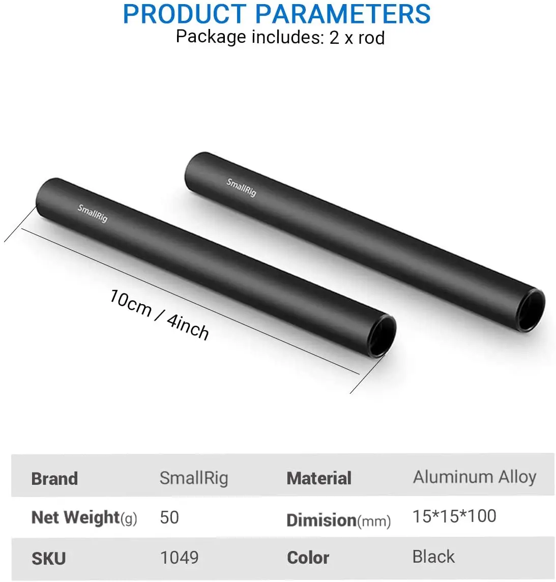 SmallRig 알루미늄 합금 로드 카메라 레일 로드, 15mm, 10 cm, 15 cm, 20cm, 4 인치, 6 인치, 8 인치, 2 개 세트, M12 암나사 1049