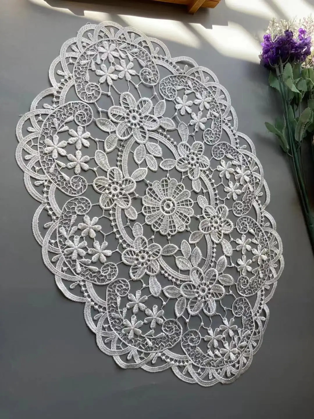 

2 PCS White Flower European oval Lace Trims Embroidered Water Soluble Placemat Coaster Coffee Table Mat Christmas Wedding Decor