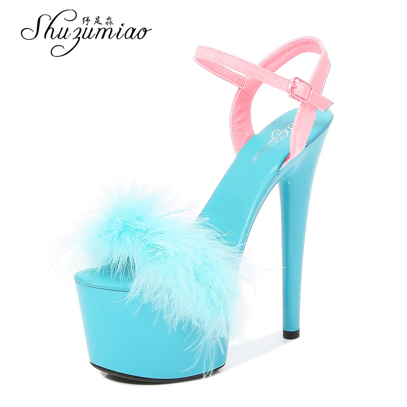 Pole Dance Shoes Feather Sandals Mixed Colors Fur Women Shoes 2021 Feather Sandals Stripers Heels Platform 17 CM  Sexy High Heel