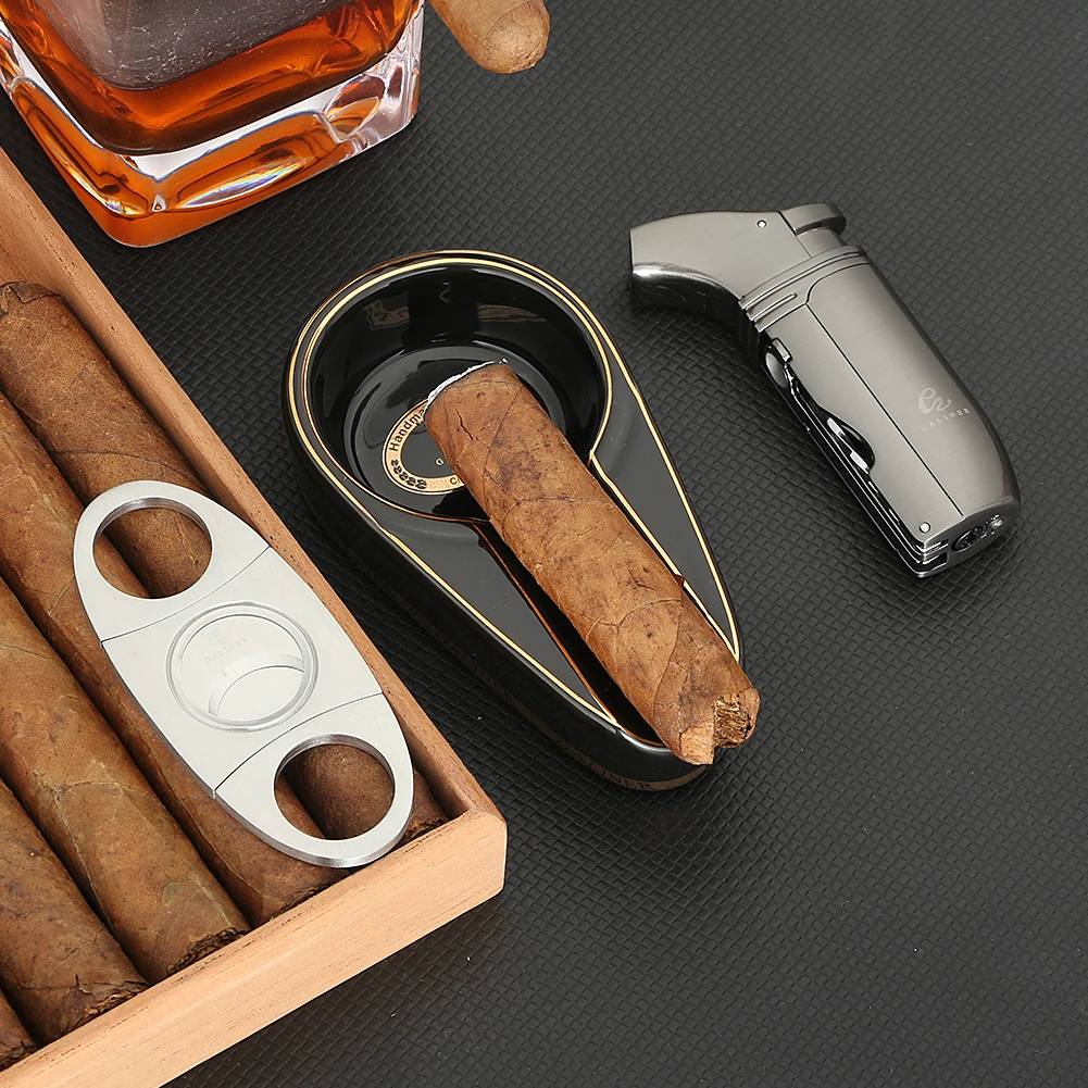 GALINER Ceramic Cigar Ashtray Portable  Guillotine Sharp Cigar Cutter Butane Torch Lighters With Cigar Drill Needle