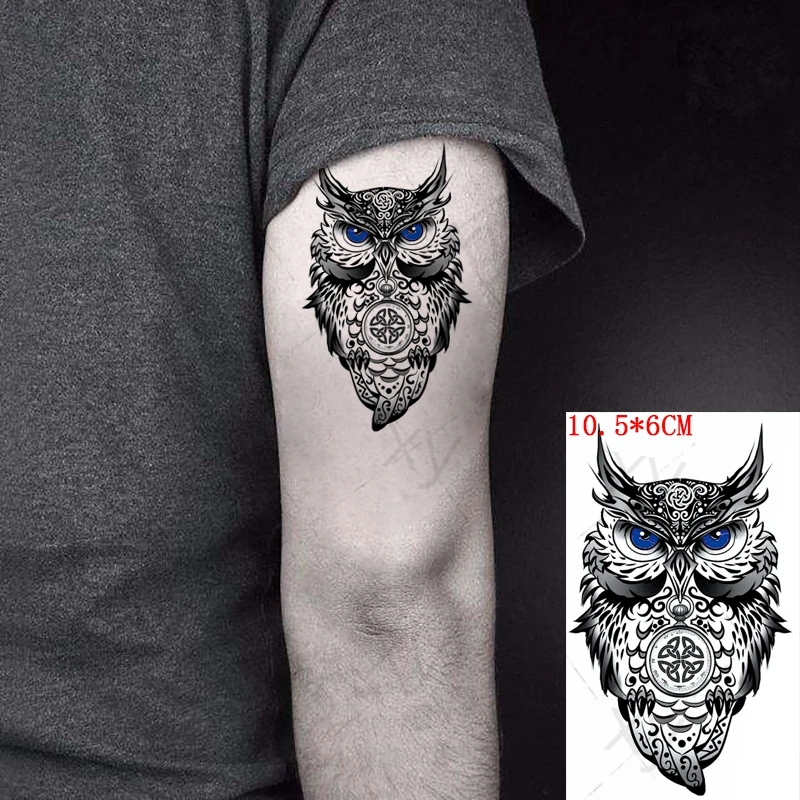 Black Owl Totem Waterproof Temporary Tattoo Sticker Blue Eyes Design Fake Tattoos Flash Tatoos Arm Neck Body Art for Women Men