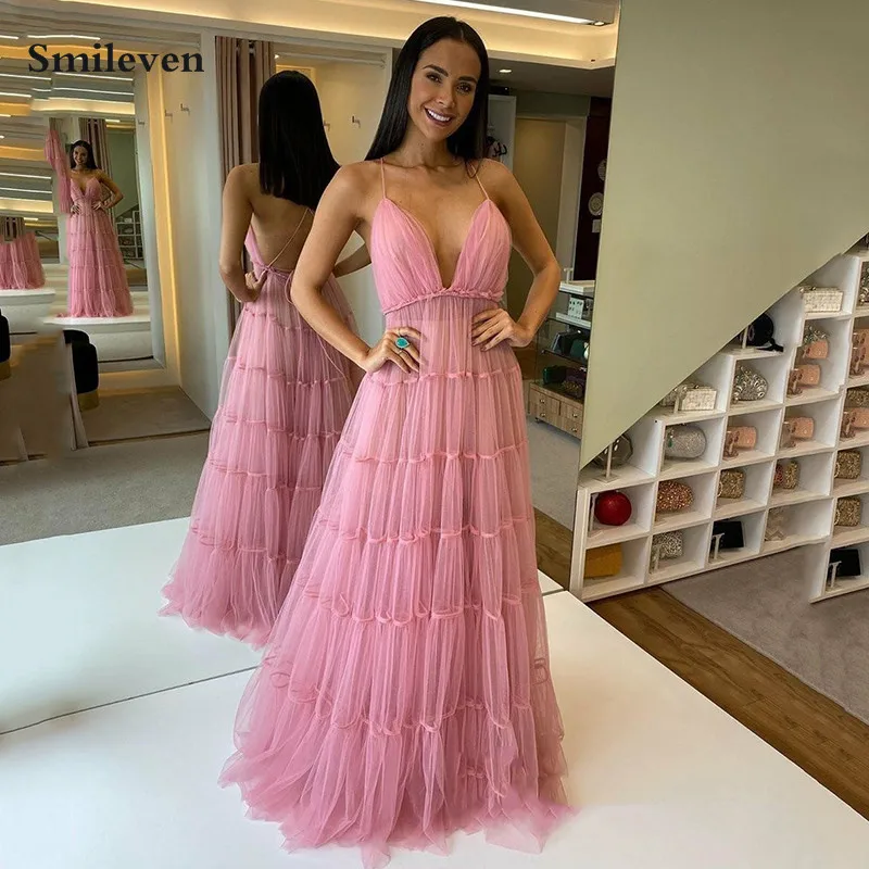 

Smileven Pink Tulle Evening Dresses Sexy V Neck Prom Gowns A Line Tiered Pleats Evening Party Dress 2022