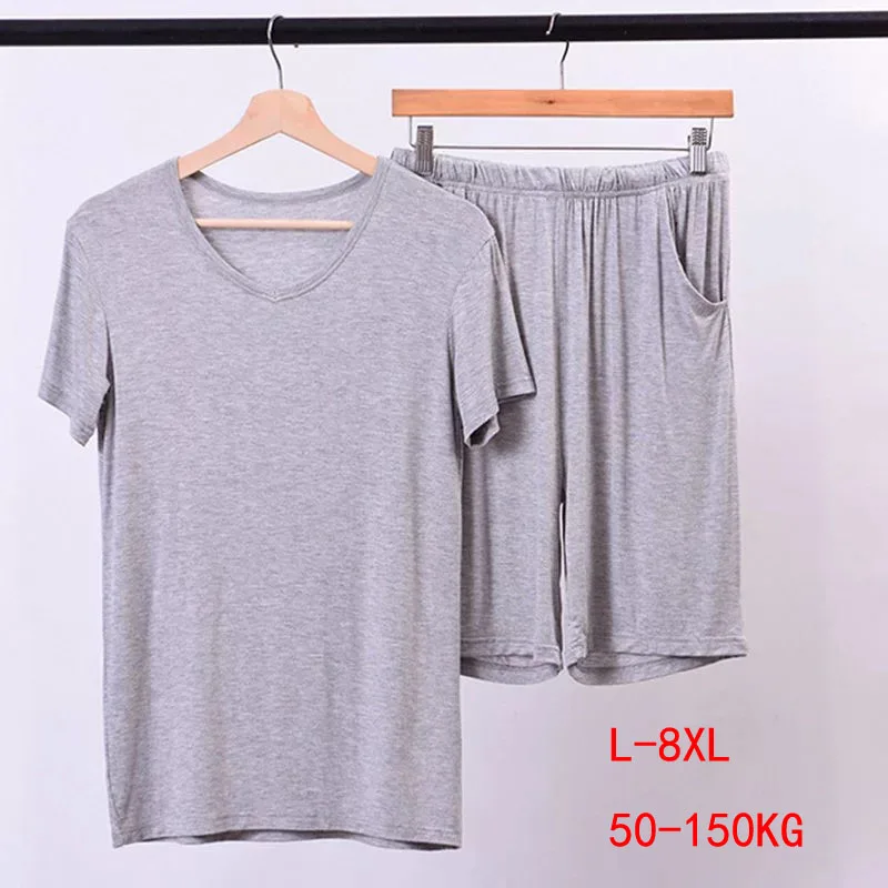 

Summer Home Wear Set Plus Size 7XL 8XL 50-150KG Men Modal Pajamas Sets Soft Casual Sleep Wear Short Sleeve Top and Shorts