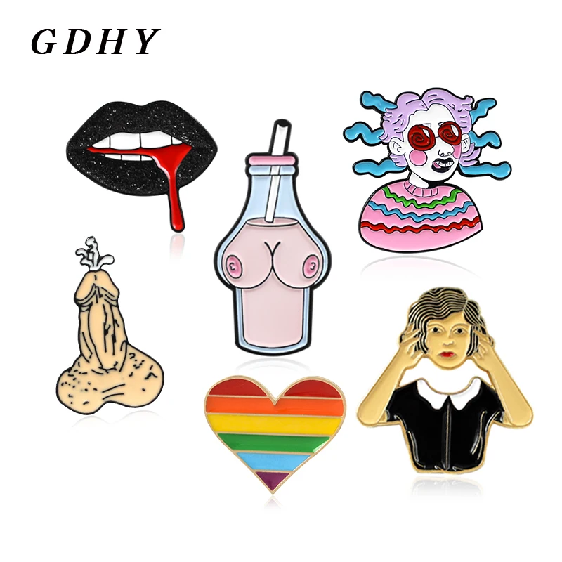 GDHY Sexy Rainbow Heart Genital Pink Milk Bottle Breast Black lips Lesbian Gay Brooch Enamel pins For Woman Brosch Badge Jewelry