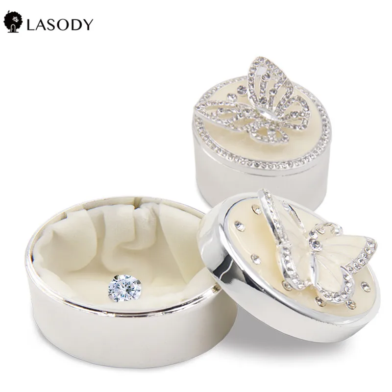 Crystal Butterfly Silver Plated Jewelry Box Wedding Ring Trinket Box Velvet Engagement Ring Pendant Jewelry Display Box Gift