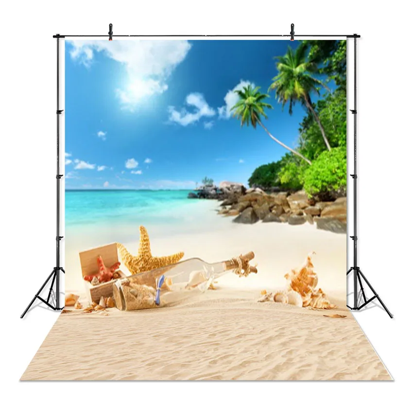 Sea Beach Sand Cloudy Blue Sky Scene Summer Beach Photography Backdrop for Photo Studio Tropical Palms Coconut Tree Background