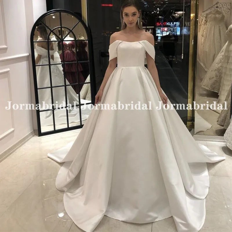 Vestidos De Novia Sexy Boat Neck suknia balowa suknie ślubne Off The Shoulder gorset długi kaplica pociąg białe satynowe suknie ślubne