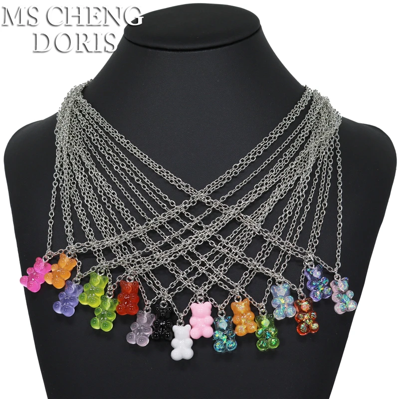 Handmade 33 Styles Colors Cute Resin Gummy Bear Chain Necklaces, Candy Color Pendant For Women&Girl Daily Jewelry Party Gifts