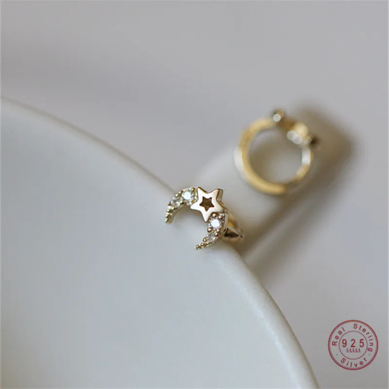 

925 Sterling Silver Plating 14k Gold Korean Creative Pavé Crystal Star Ear Bone Buckle Earrings Women Simple Jewelry Gift