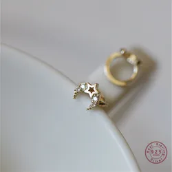 925 Sterling Silver Plating 14k Gold Korean Creative Pavé Crystal Star Ear Bone Buckle Earrings Women Simple Jewelry Gift