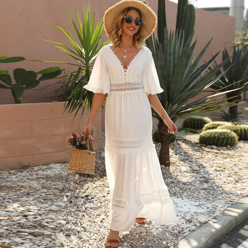 Summer White Maxi Dress for Women 2023 Lace Bohemian V-neck Solid Ruffles Beach Cover Up Wedding Party Vestidos