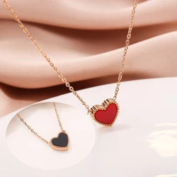 Korean Fashion Simple Double Side Black Red Heart Pendant Women Necklace Ladies Stainless Steel Clavicle Chain Jewelry Wholesale