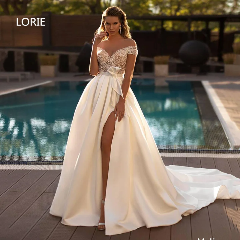 Lorie cetim princesa vestidos de casamento fora do ombro lado dividir vestidos de noiva sem costas país vestidos de casamento