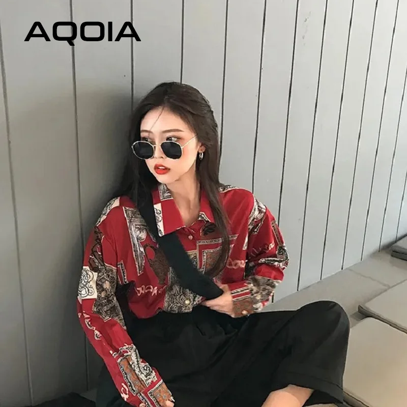 2022 Spring Street Style Oversize Women\'s Shirt print Loose Ladies Blouse Long Sleeve Red Ladies Button Up Female Clothing