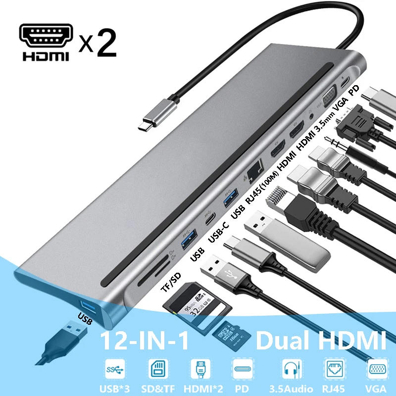 usb c doca dupla hdmi compativel com vga usb hub adaptador tipo c portatil docking station para hp elitebook dell xps latitude lenovo thinkpad yoga asus 01