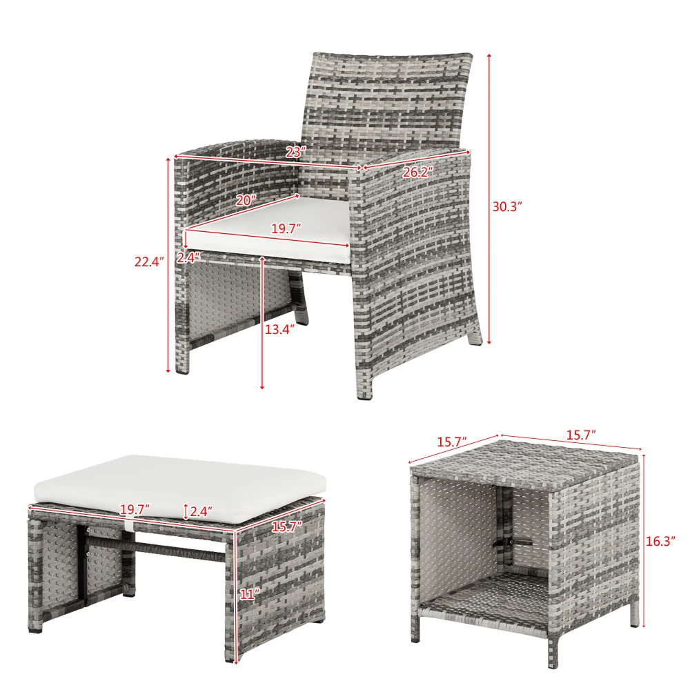 5Pcs Patio Furniture Set Include 2 Chairs 2 Footstools 1 Coffee Table High Quality PE Rattan&Iron Frame Gray Gradient[US-Stock]