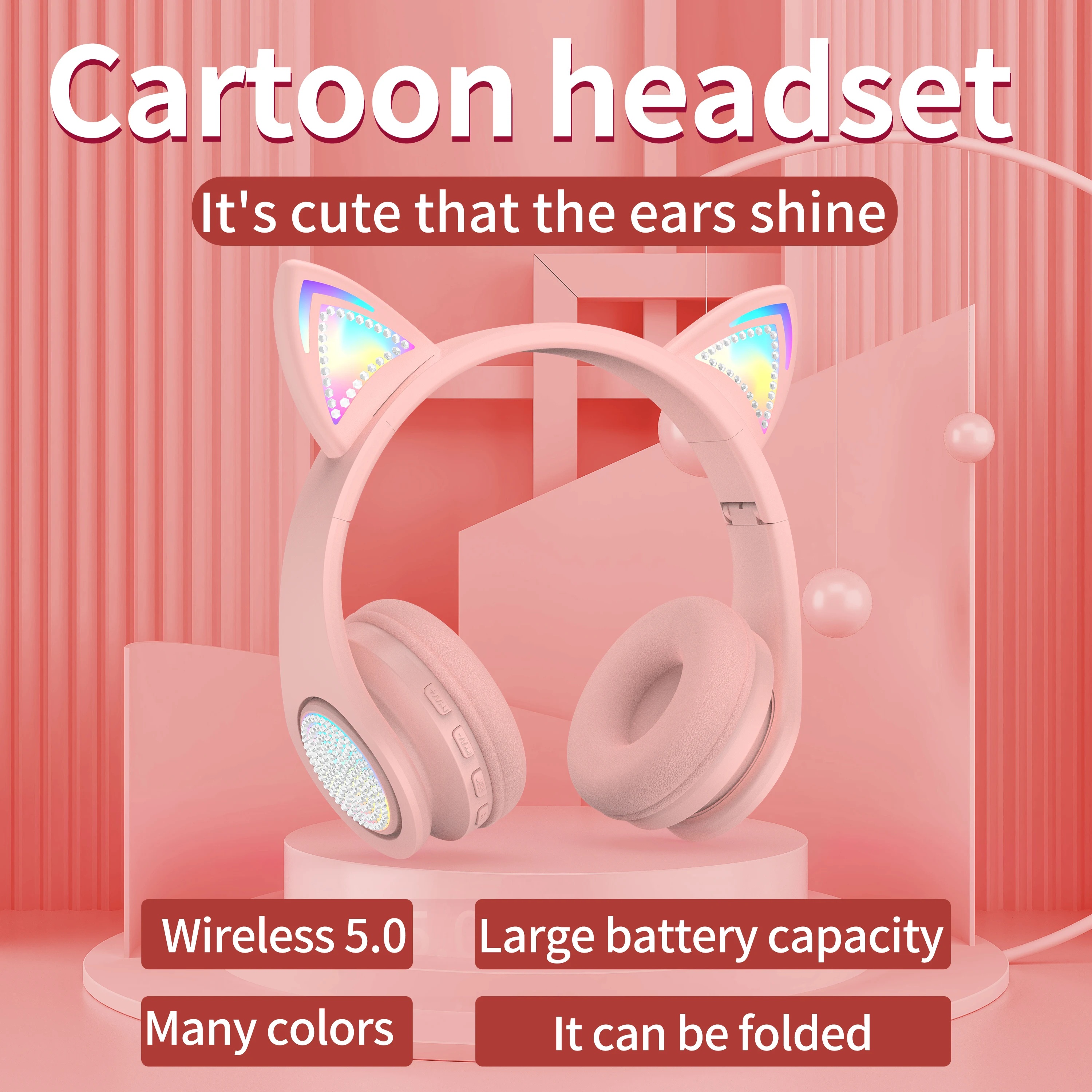 Cat Ear Headphones Wireless Headset Foldable Gaming Headset With LED light HD Mic Support TF card