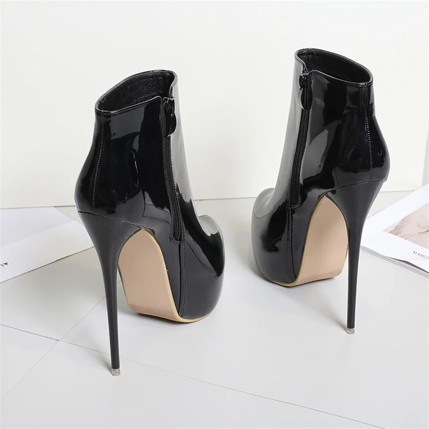 Big Size 35-47 Patent Leather Women Boots Round Toe Side Zipper Super High Heels 16CM Pumps 2024 Sexy Platform Party Shoes Woman