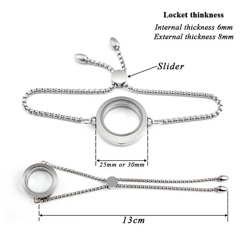 Osbourney 316L Stainless Steel  25mm 30mm Twist Locket Bracelet Floating Charm Locket Clear Glass Pendant with Adjustable Chain