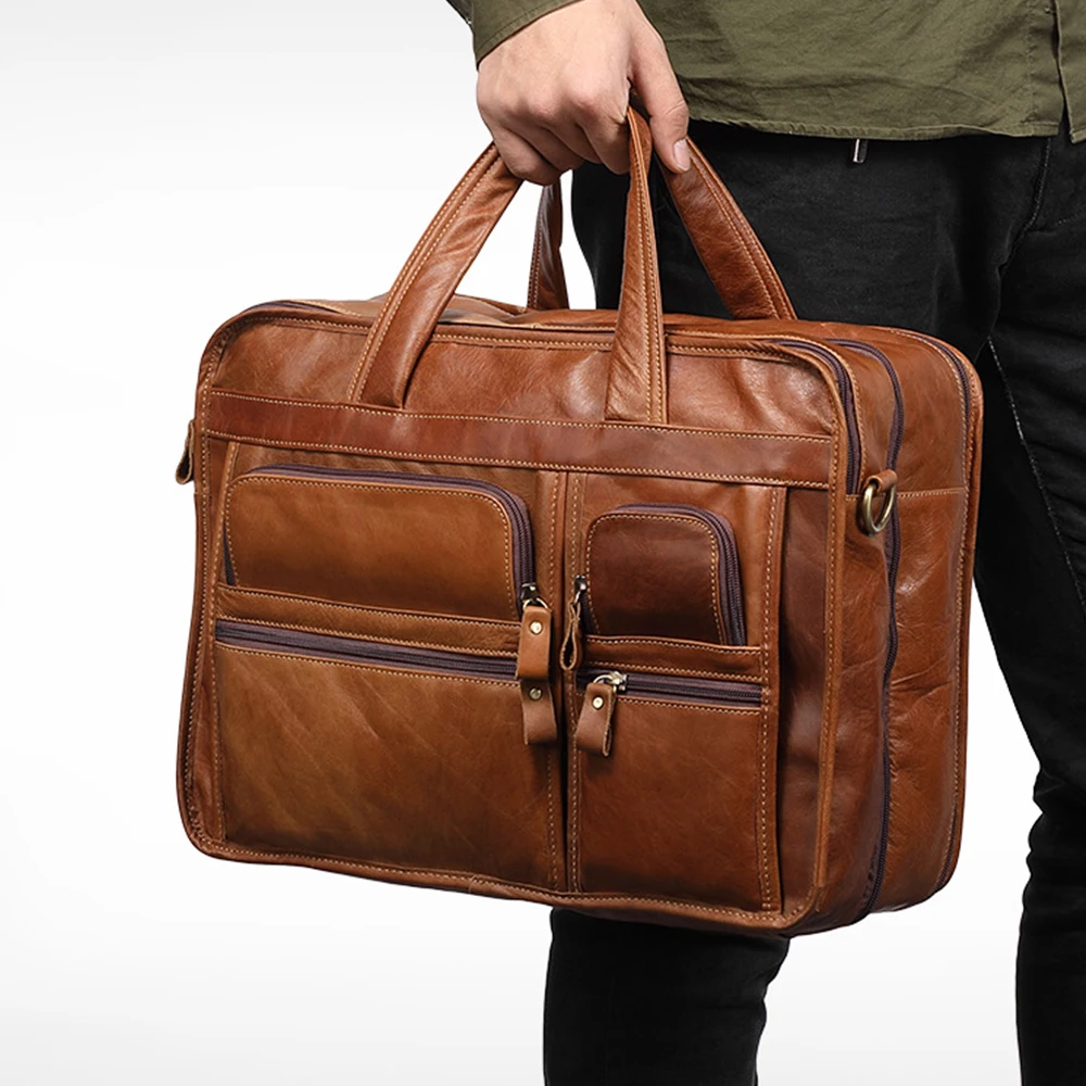 Men\'s Large Leather Handbag Retro Travel Briefcase Men Business Laptop Bag Male Real Cowhide Shoulder Bag luxury Computer Bag