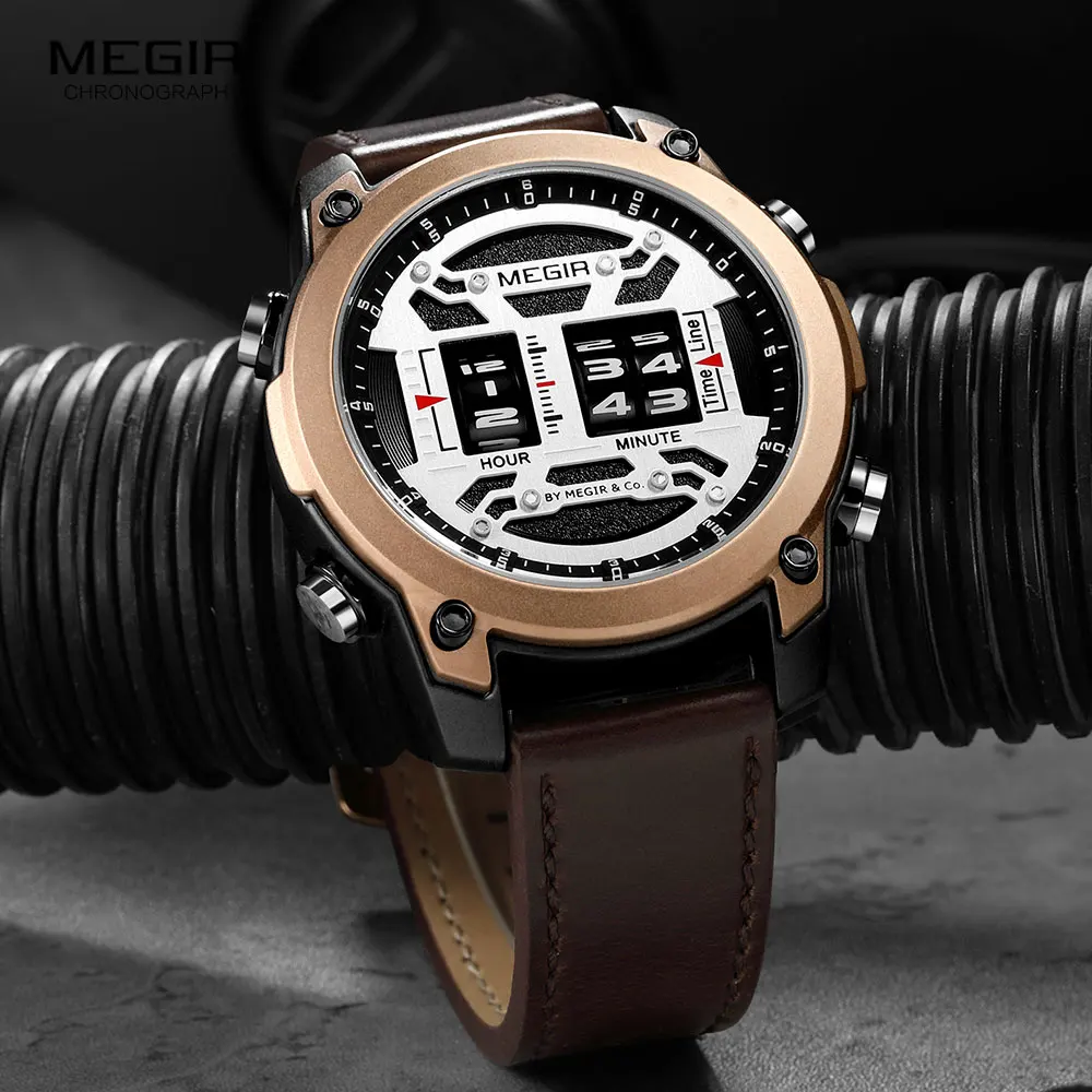 

MEGIR Drum Roller Watch for Men Fashion Quartz Wristwatch Leather Strap Wristwatch часы мужские relogio masculino reloj montre