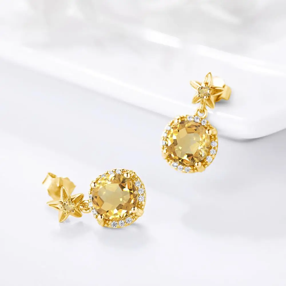 Szjinao Round 14K Gold Natural Citrine Gemstone Stud Earrings Genuine 925 Sterling Silver Fashion Jewelry for Women Pendientes