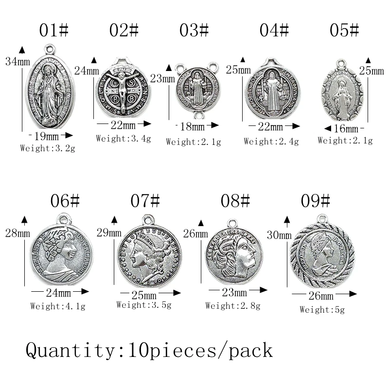 2025 New 10pcs 9 Styles Retro Plated  Zinc Alloy Big Religious Coin Pendants Connectors DIY Jewelry Accessories