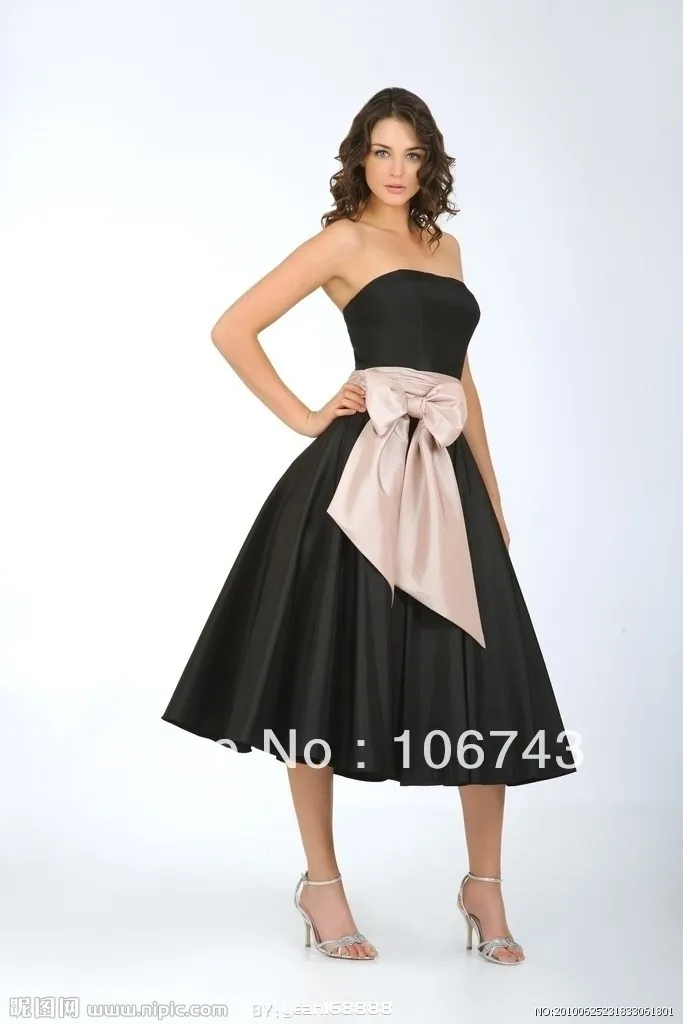 Frete grátis 2016 nova moda vestidos formal elegante strapless arco preto vestido de baile de formatura chá-comprimento vestidos de dama de honra casamentos