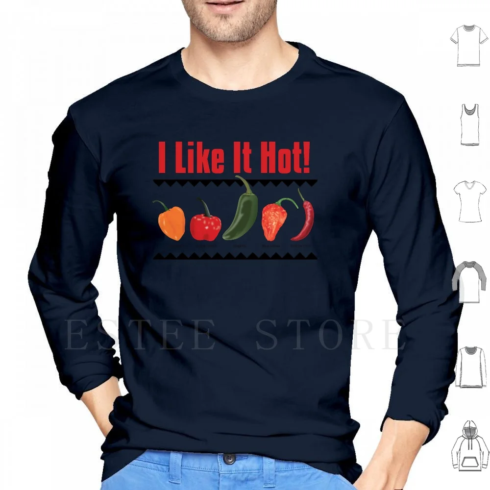 Me gusta lo caliente Sudadera con capucha de manga larga Chile caliente Pimientos Jalapeno Pimienta fantasma Habanero Chile tailandés Red Spur Chili caliente