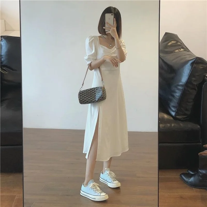여성용 스퀘어 칼라 드레스, 홀리데이 레이디 선드레스, 사이드 슬릿 디자인, 순수 여름 섹시 패션, 빈티지 프렌치 스타일, 심플한 하이웨이스트