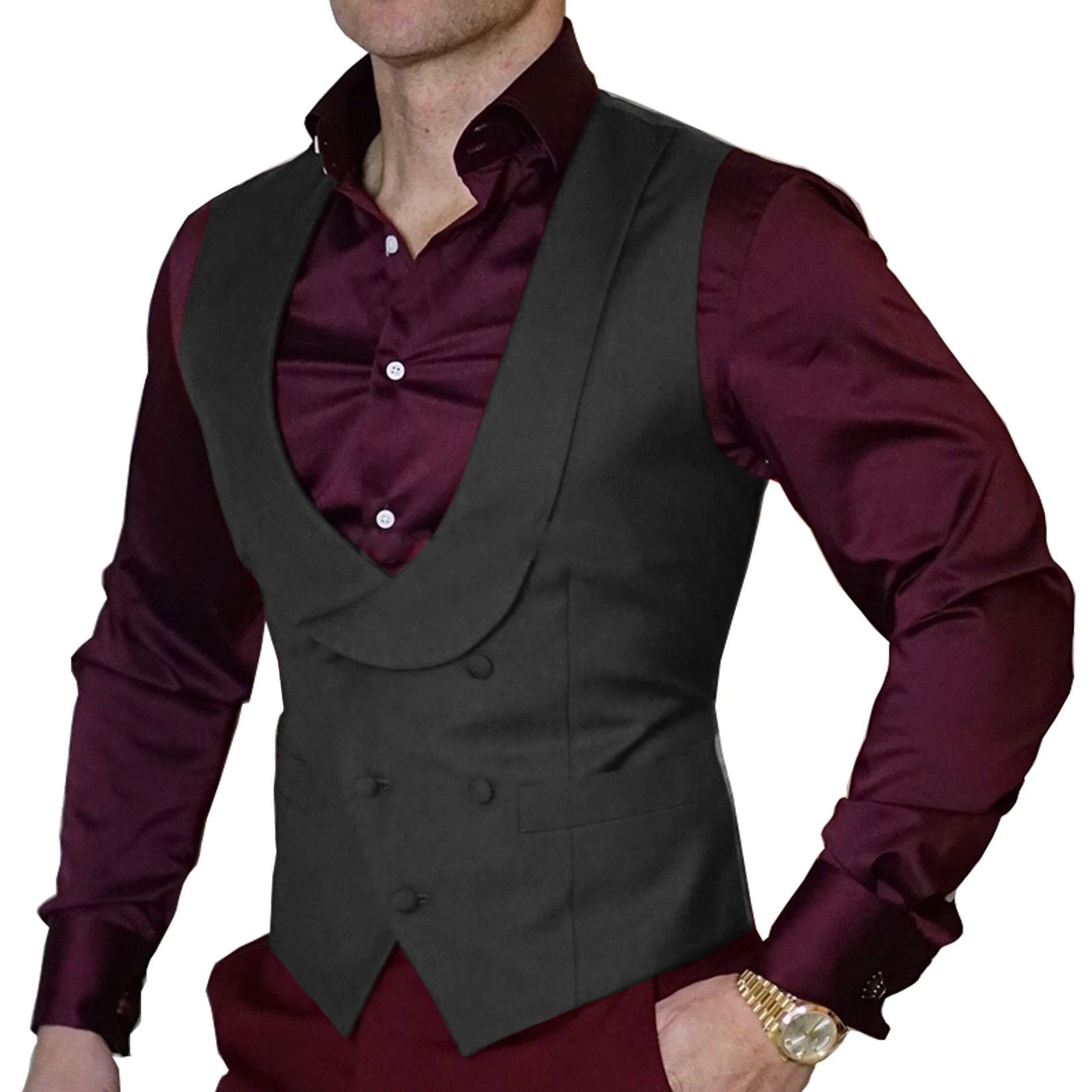 Doppel-Breasted Burgund Weste Hochzeit herren Anzug Weste Schal Revers Schlank Weste Steampunk