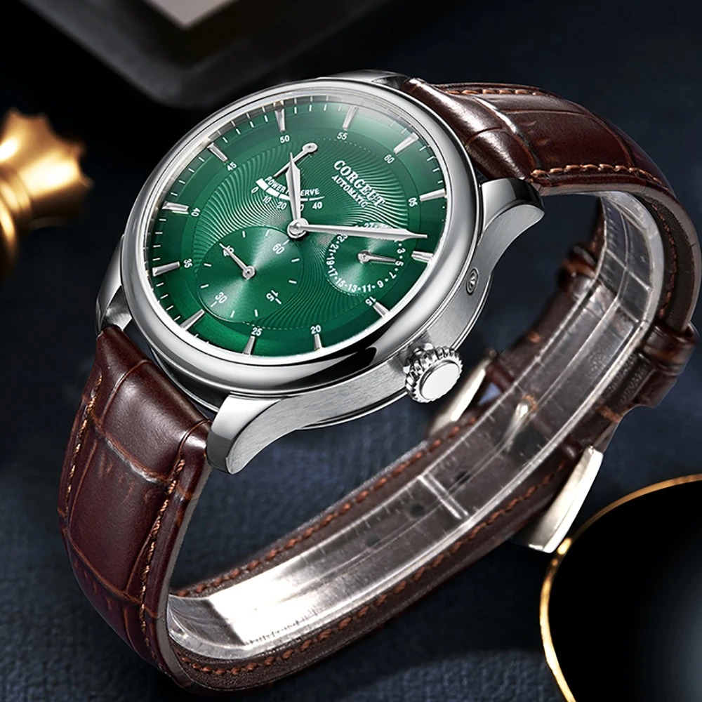 CORGEUT Relogio Masculino Men\'s Watch Mechanical Watch Seagull Waterproof Green Dial Watch Brushed Multifunction Automatic