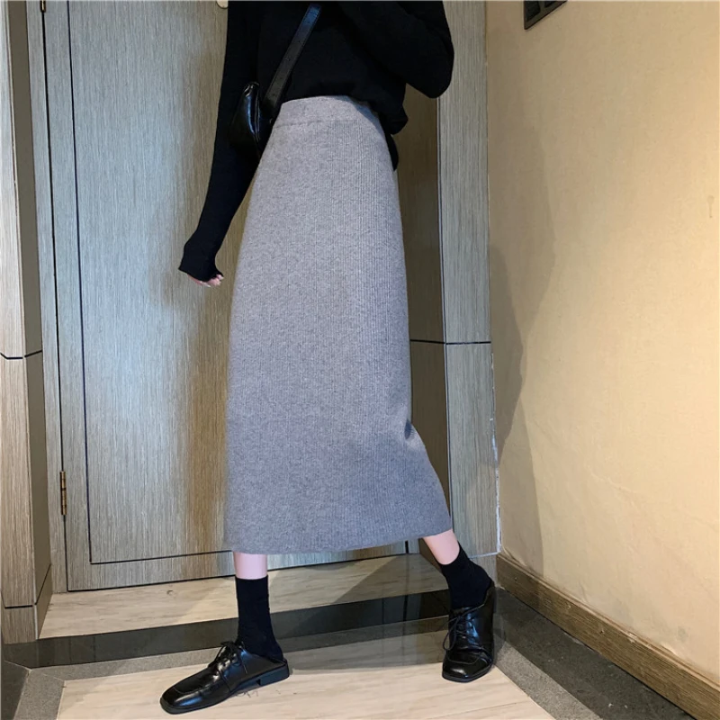 

Skirts Women Midi Solid Side-slit All-match Leisure Street Wear Popular Girls Ulzzang Trendy Straight Knitting Spring Autumn New