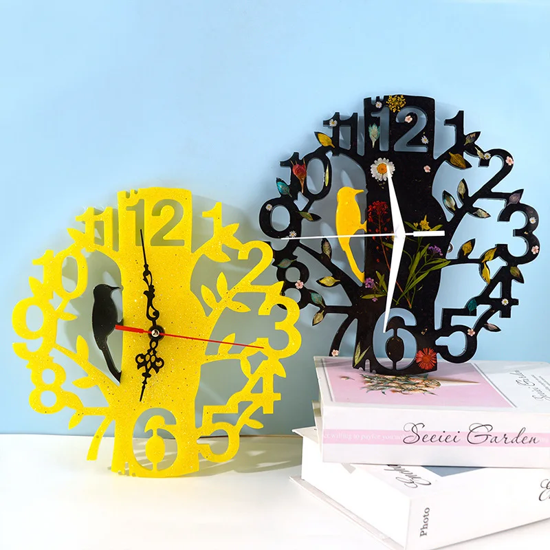 DIY Watch Clock Silicone Mold Round Woodpecker Bird Leaves Wall Clock Hanging Molds For Home Decoration Resin Craft Making Acces