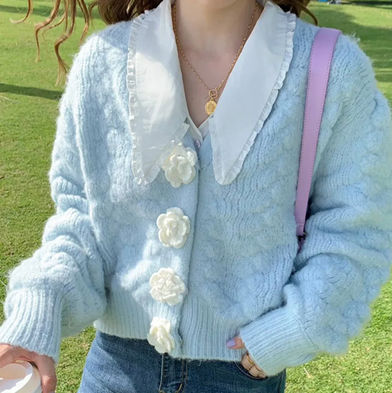 

Autumn Winter Knitted Female Cardigan Loose O- Neck Lantern Sleeve Knit Sweater Coat Sweet Thick Knitted Cardigan Women Jacket