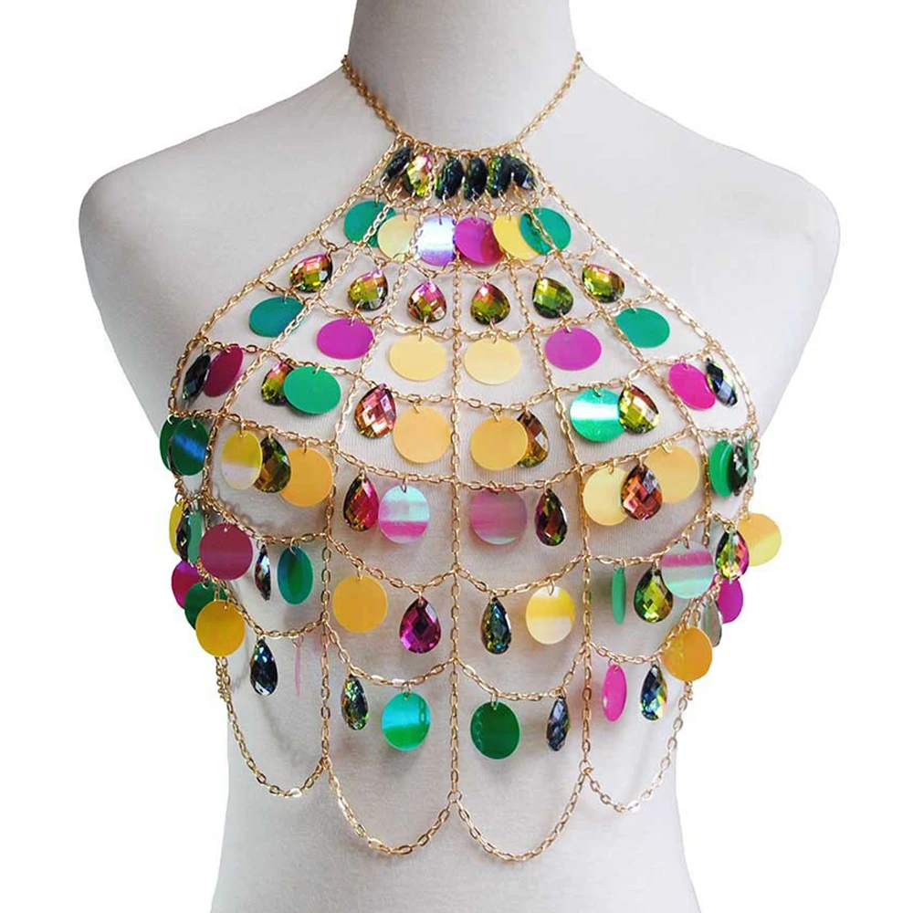 

Women Colorful Acrylic Crystal Festival Tank Beach Sparkly Crazy Gem Sequins Wear Nightclub Party Burning Man Camis Crop Top