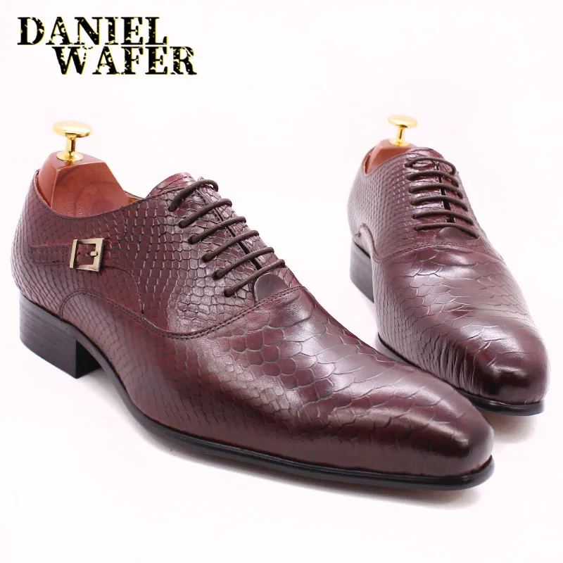 Modische Herren-Lederschuhe mit Schlangenhaut-Aufdruck, klassische Schnürung, Oxford, formell in Wein, Blau, Kaffee, Schwarz – spitze Zehenpartie – Detail 31