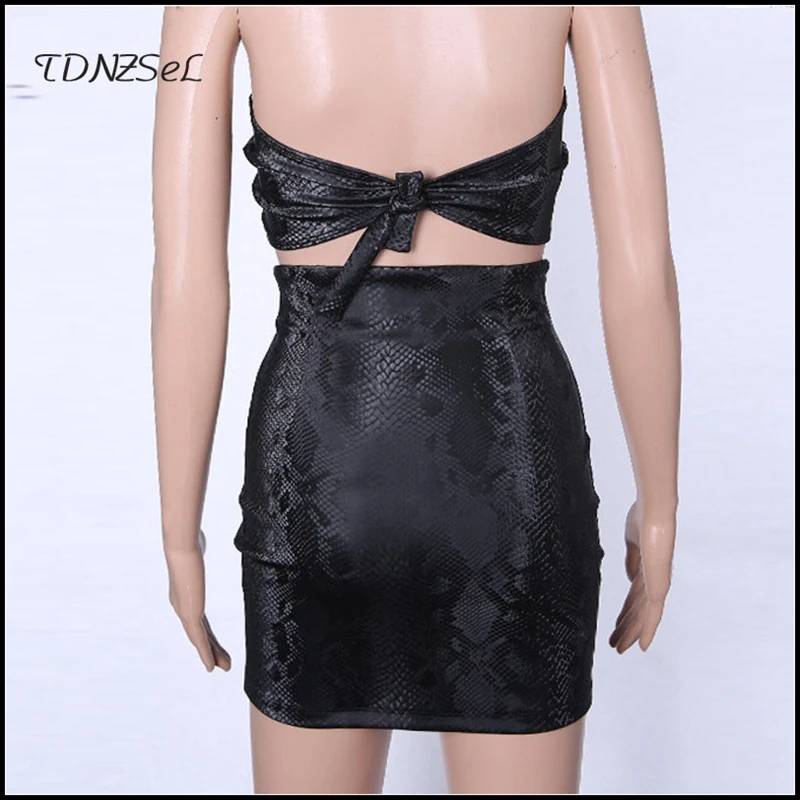 Women Summer Fashion Snake-print Top Skirts Sets Lady Faux Latex Leather High Waist Mini A-line Skirt Sexy PU Tube Top Custom