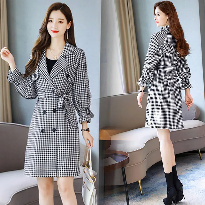 Lady Trench Coats Outerwear 2022 Spring Women's Chic Plaid Windbreaker Jacket New Women Autumn Jacket Houndstooth Overcoat