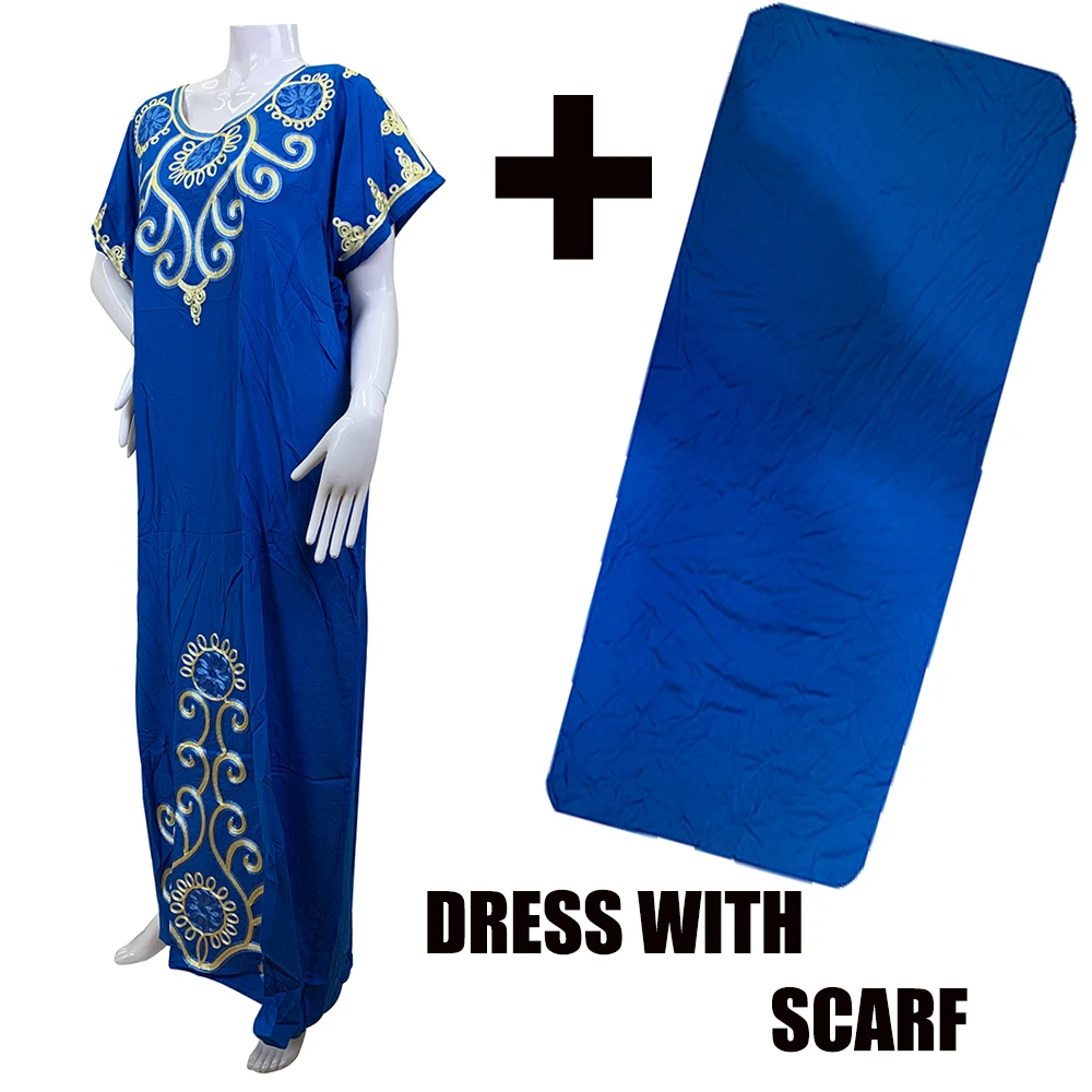 Saudi Dubai Abaya For Muslim Lady Cotton Embroidery Long Loose African Femme Dresses With Cotton Scarf Middle East New Fashion