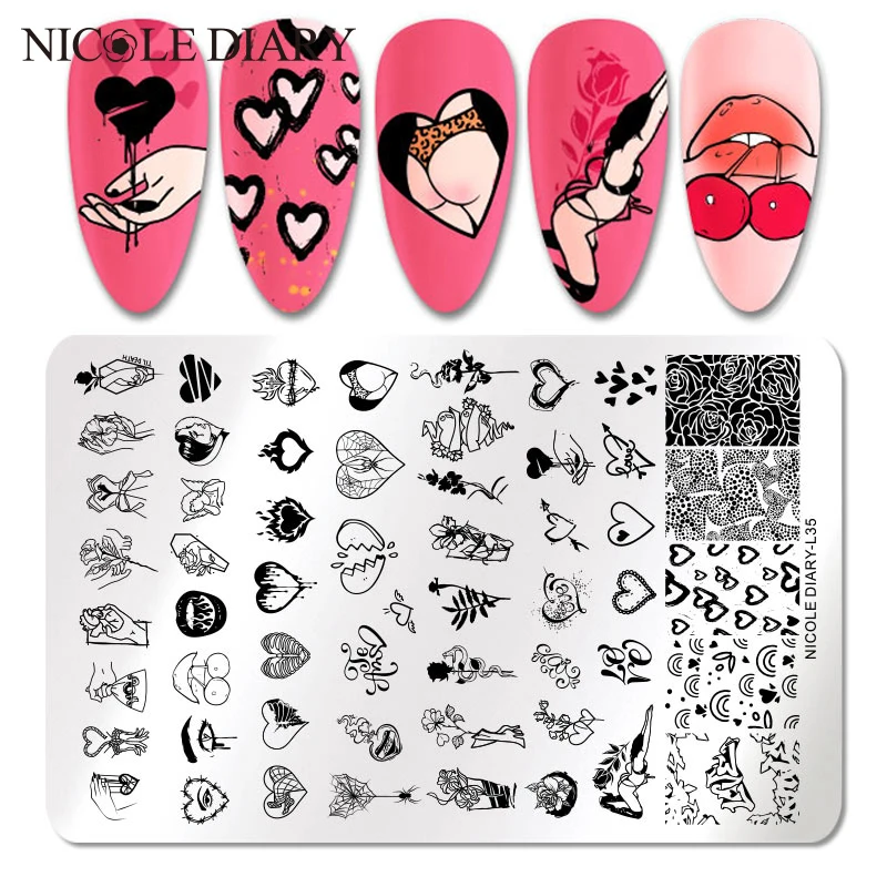 NICOLE DIARY Big Size Valentines Nail Stamping Plates Love Letter Flower Stamp Templates Sexy Girl Printing Stencil Leaf Stripe