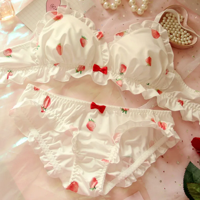 Erdbeere süßes japanisches BH- und Höschen-Set aus Milchseide, kabelloses, weiches Unterwäsche-Set, Kawaii-Lolita-BH- und Höschen-Set, rosa Dessous