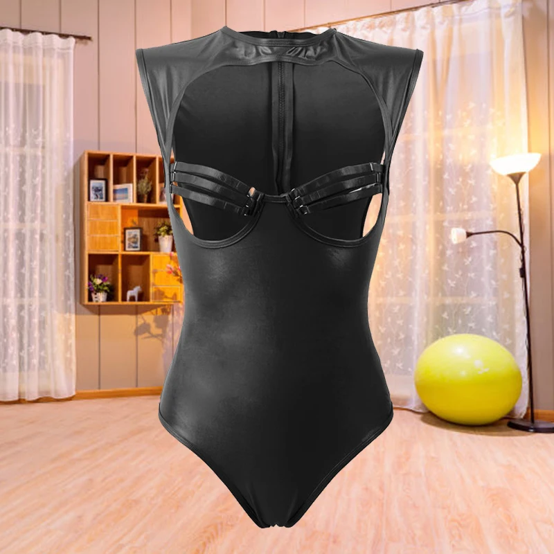 Ohyeahlady Sexy Leather Bodysuit Lingeries Oversized Hollow Out Zipper Round Neck Sleeveless Open Bust Rompers Women's Jumpsuit