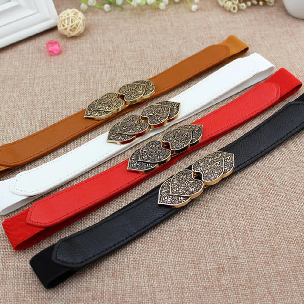 Fashion Female Thin Belt Elastic Alloy Buckle Waistband for Women Double Heart Waist Seal Dress Sweater Clothing Accessories