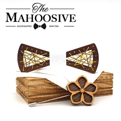 Mens Wooden bow tie Carved Wood Bowtie Pocket Square Cufflinks Set Floral Bowtie Wooden Box Suit Business Wedding