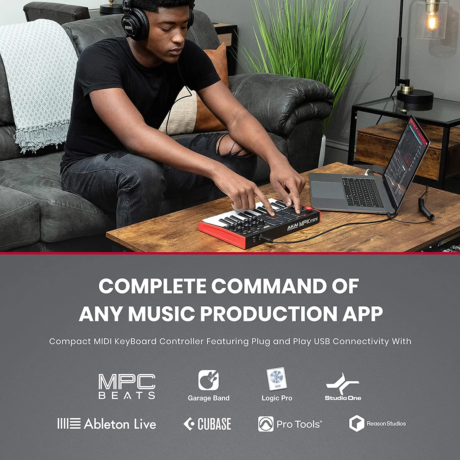 AKAI المهنية MPK Mini MK3 - 25 مفتاح USB ميدي وحدة تحكم بلوحة مفاتيح مع 8 منصات طبل الخلفية ، 8 المقابض إنتاج الموسيقى البيانو