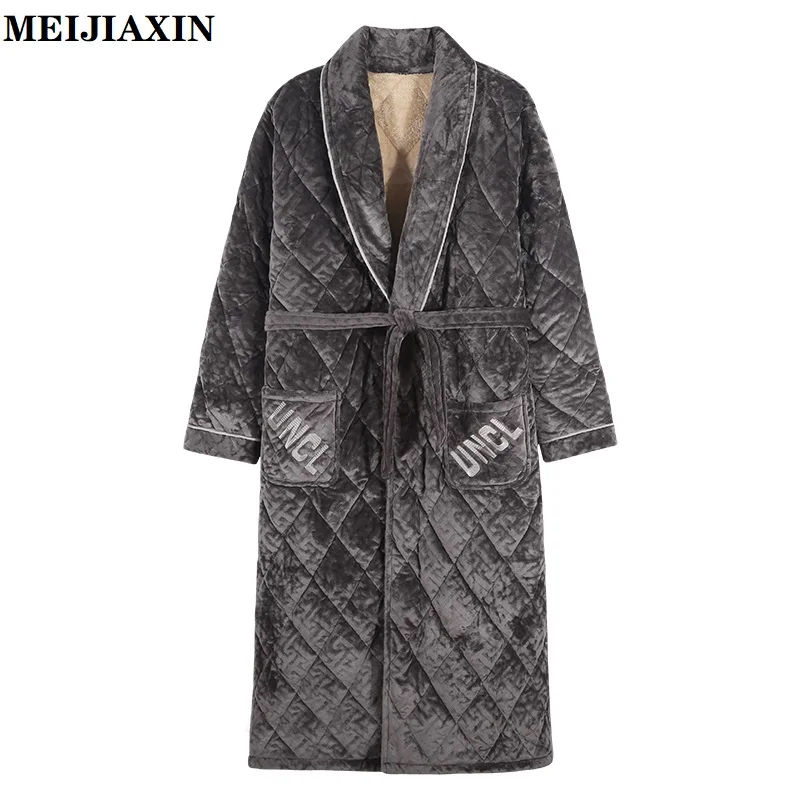 

Mens Bathrobe Men Long Sleeve Nightgown 3 Layer Cotton Padded Thick Warm Men's Kimono Flannel Robe Sleeping Nightgown